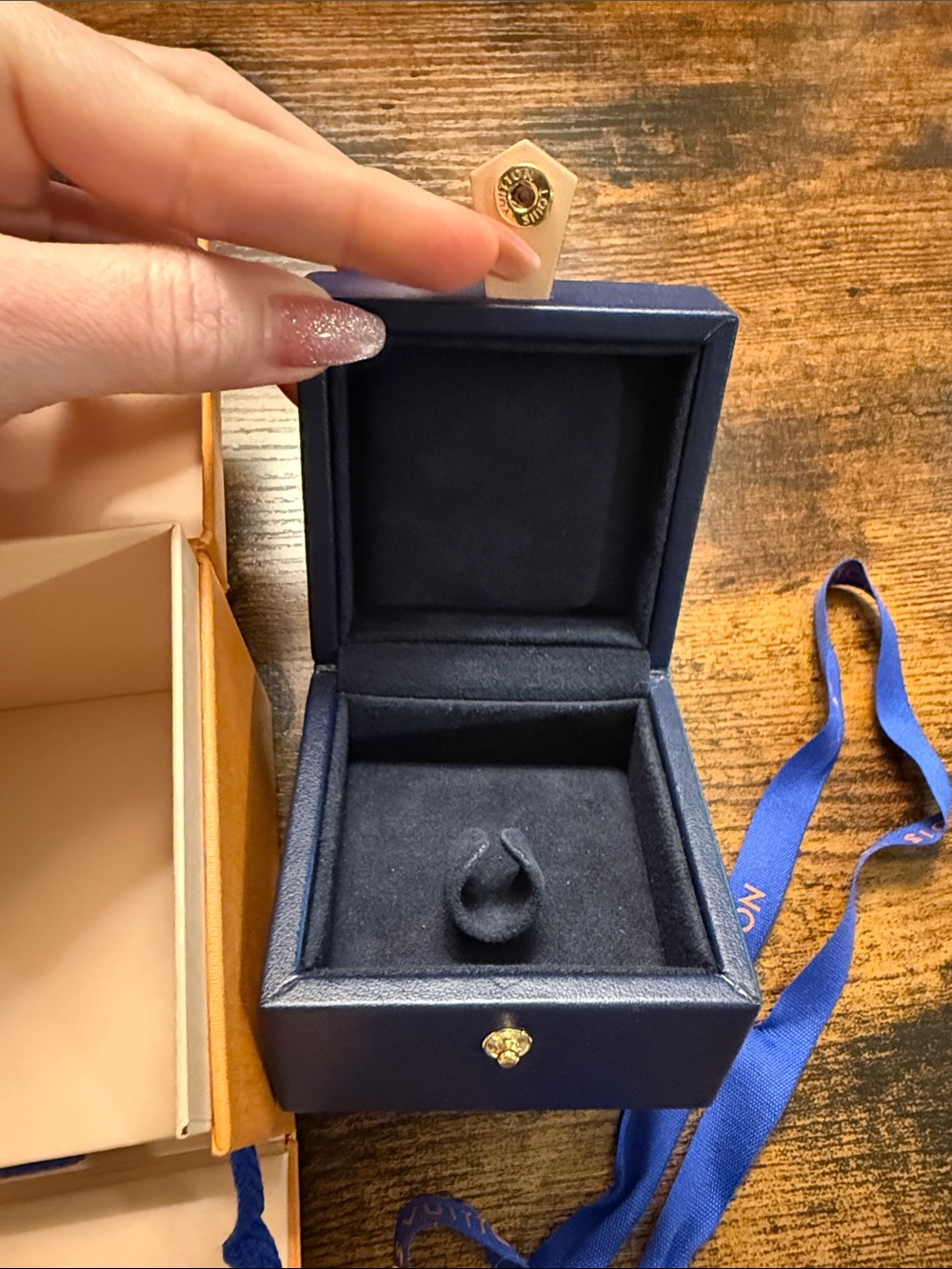 Louis Vuitton Navy Leather Jewelry Box with Orange Presentation Box & Ribbon - Picture 4 of 6